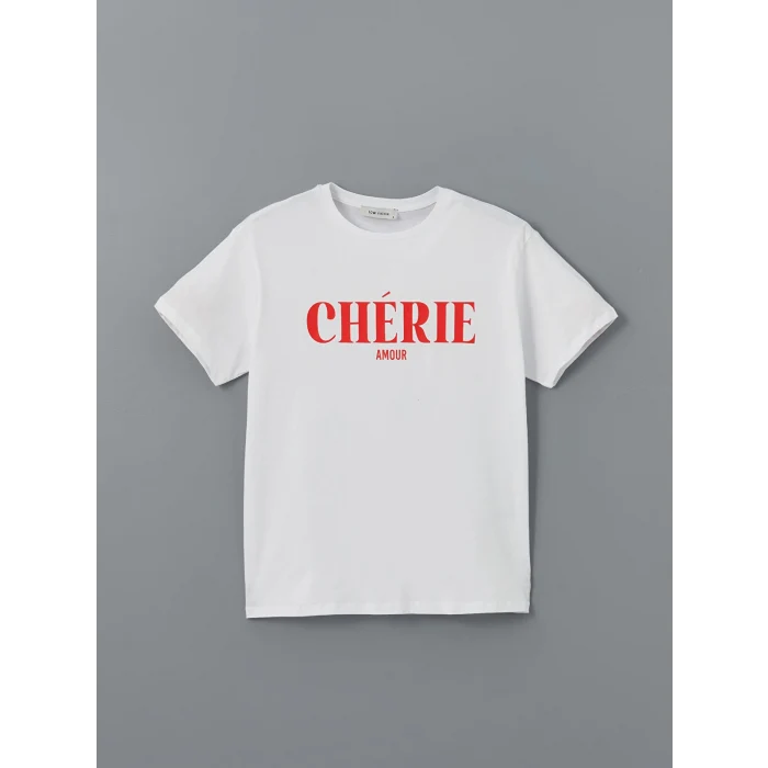 LCW Vision Beyaz Bisiklet Yaka Baskılı Kadın Tişört