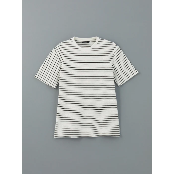 XSIDE Ekru Bisiklet Yaka Kısa Kollu Çizgili Penye Erkek Tişört