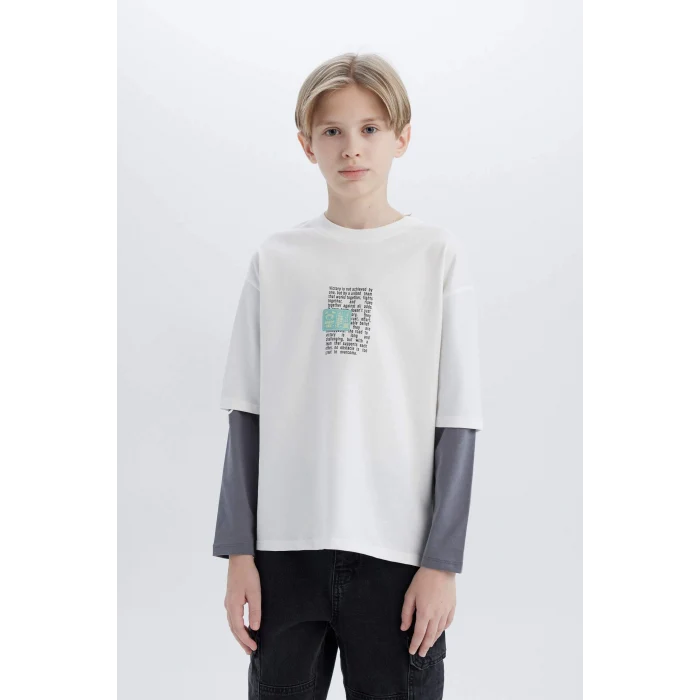 Defacto D7702 Ekru Erkek Çocuk Oversize Geniş Kalıp Bisiklet Yaka Uzun Kollu Tişört