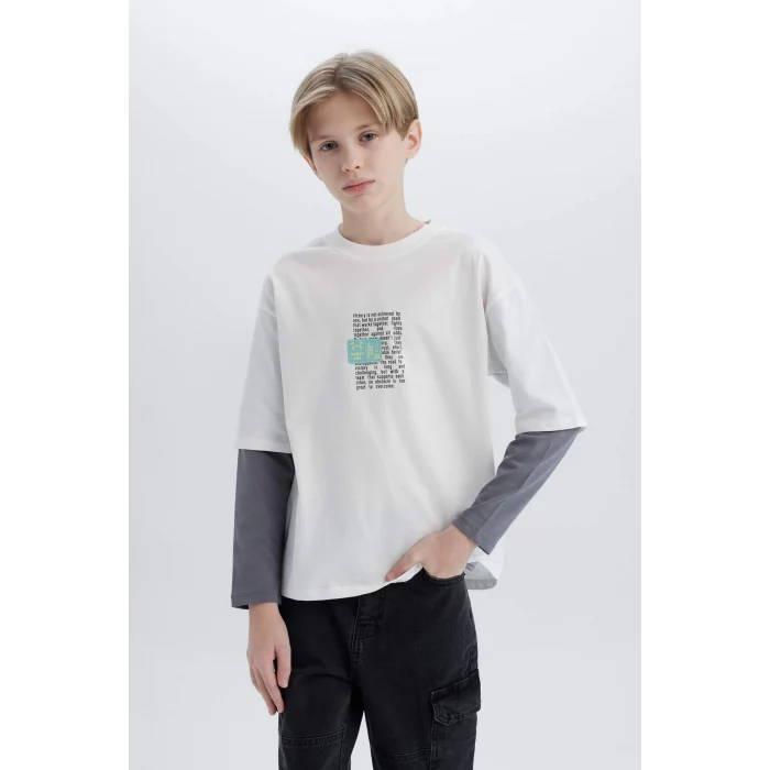 Defacto D7702 Ekru Erkek Çocuk Oversize Geniş Kalıp Bisiklet Yaka Uzun Kollu Tişört