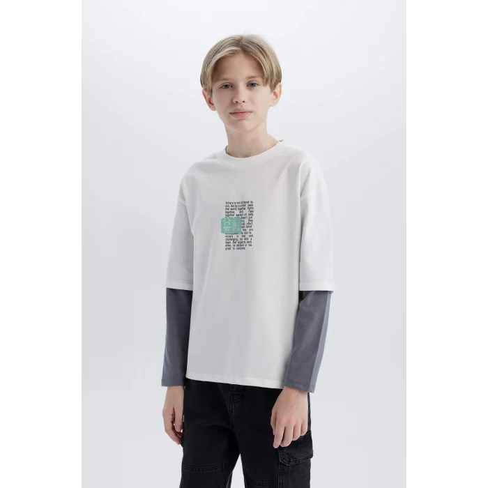 Defacto D7702 Ekru Erkek Çocuk Oversize Geniş Kalıp Bisiklet Yaka Uzun Kollu Tişört