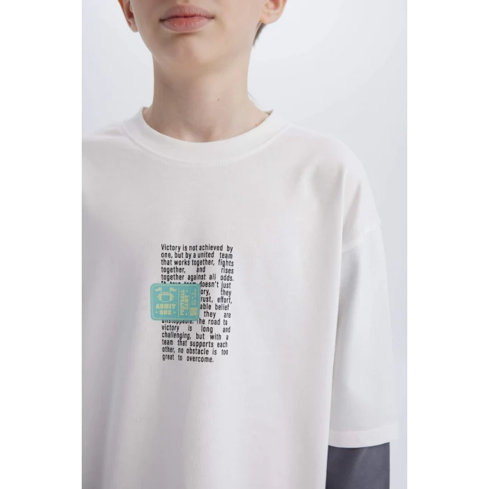 Defacto D7702 Ekru Erkek Çocuk Oversize Geniş Kalıp Bisiklet Yaka Uzun Kollu Tişört