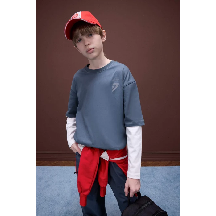 Defacto D8488 Antrasit Erkek Çocuk Oversize Geniş Kalıp Bisiklet Yaka Baskılı Uzun Kollu Tişört