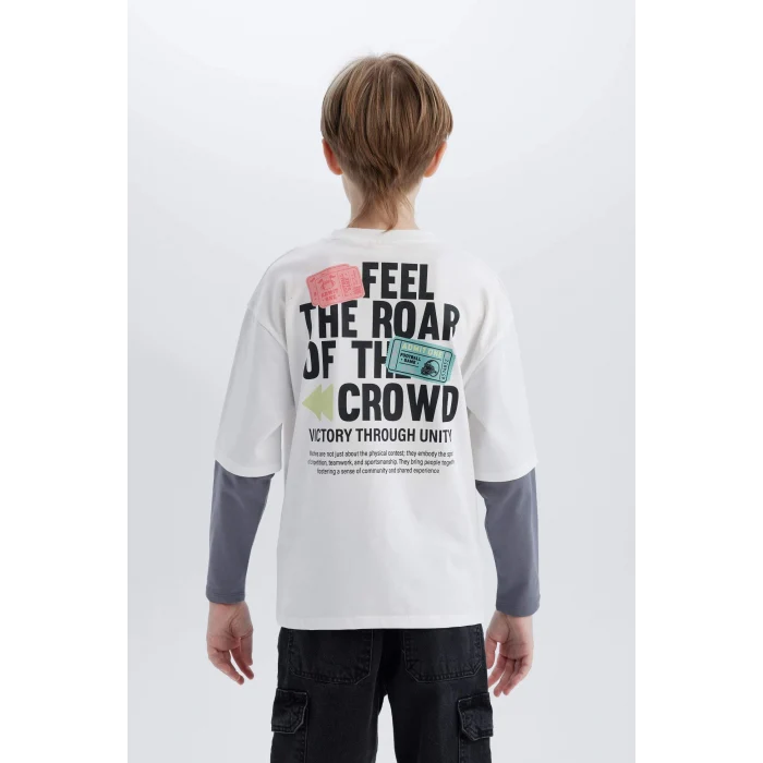 Defacto D7702 Ekru Erkek Çocuk Oversize Geniş Kalıp Bisiklet Yaka Uzun Kollu Tişört