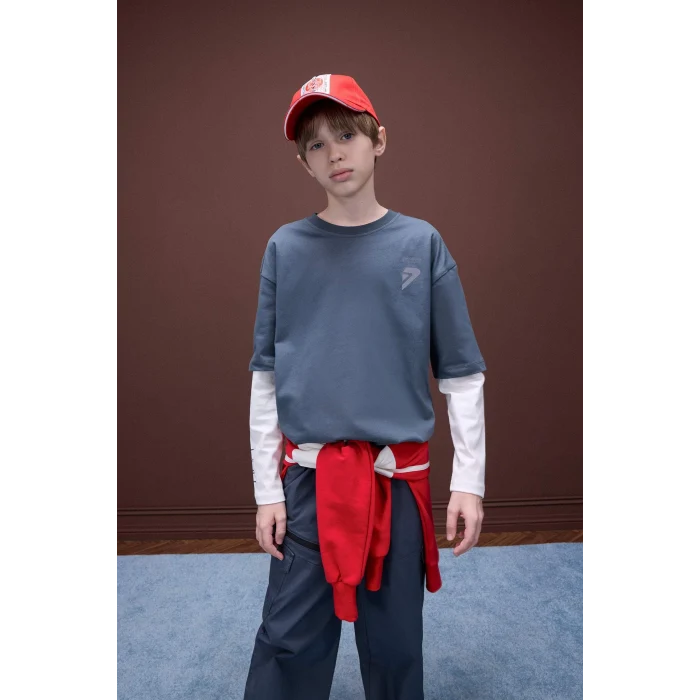 Defacto D8488 Antrasit Erkek Çocuk Oversize Geniş Kalıp Bisiklet Yaka Baskılı Uzun Kollu Tişört