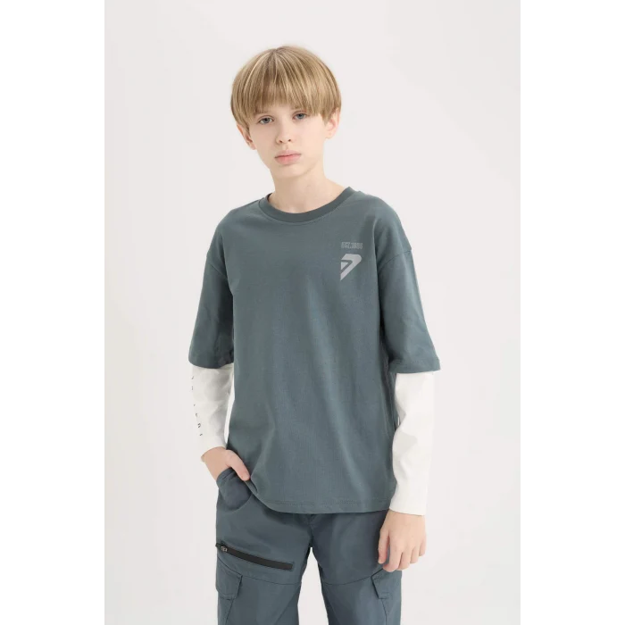 Defacto D8488 Antrasit Erkek Çocuk Oversize Geniş Kalıp Bisiklet Yaka Baskılı Uzun Kollu Tişört