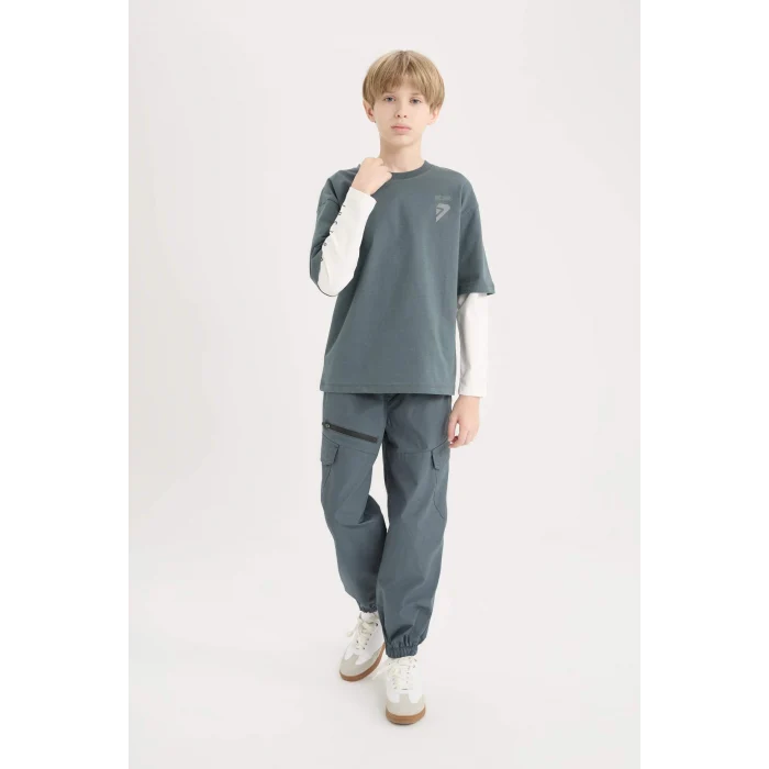 Defacto D8488 Antrasit Erkek Çocuk Oversize Geniş Kalıp Bisiklet Yaka Baskılı Uzun Kollu Tişört