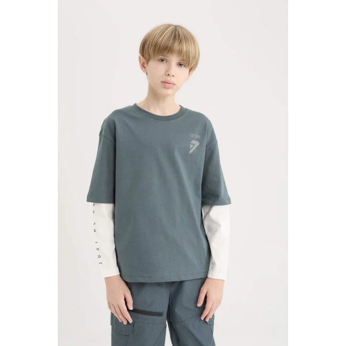 Defacto D8488 Antrasit Erkek Çocuk Oversize Geniş Kalıp Bisiklet Yaka Baskılı Uzun Kollu Tişört