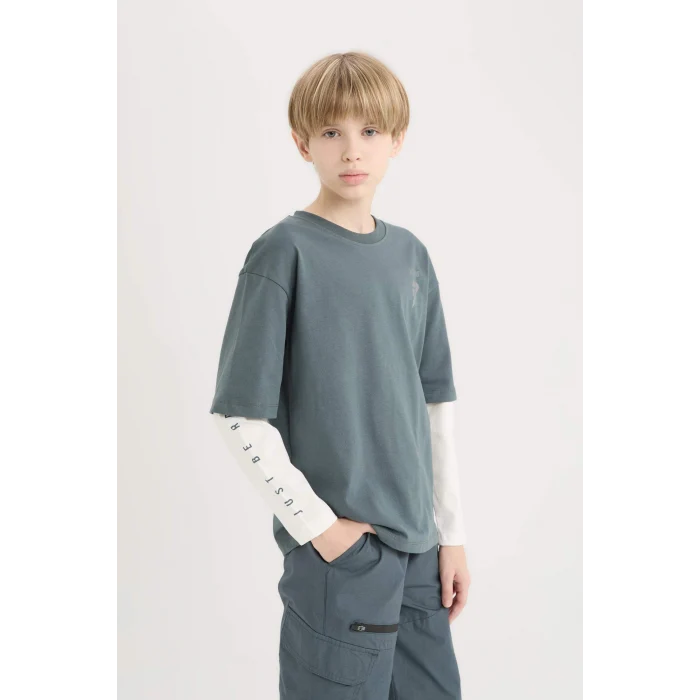 Defacto D8488 Antrasit Erkek Çocuk Oversize Geniş Kalıp Bisiklet Yaka Baskılı Uzun Kollu Tişört