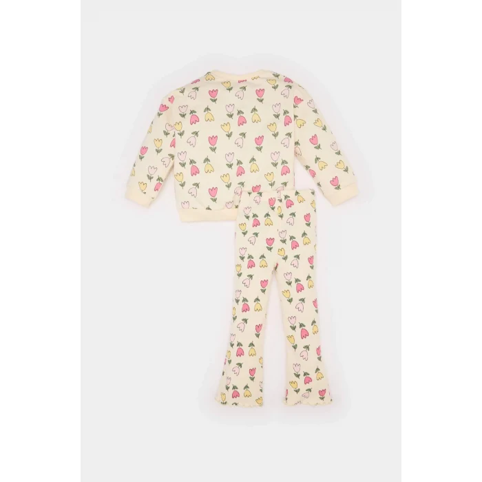 Defacto D8341 Ekru Kız Bebek 2li Takım Çiçekli Bisiklet Yaka Sweatshşrt Esnek Belli Tayt