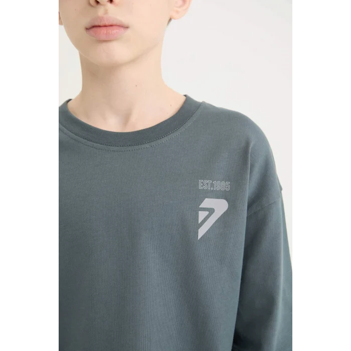 Defacto D8488 Antrasit Erkek Çocuk Oversize Geniş Kalıp Bisiklet Yaka Baskılı Uzun Kollu Tişört