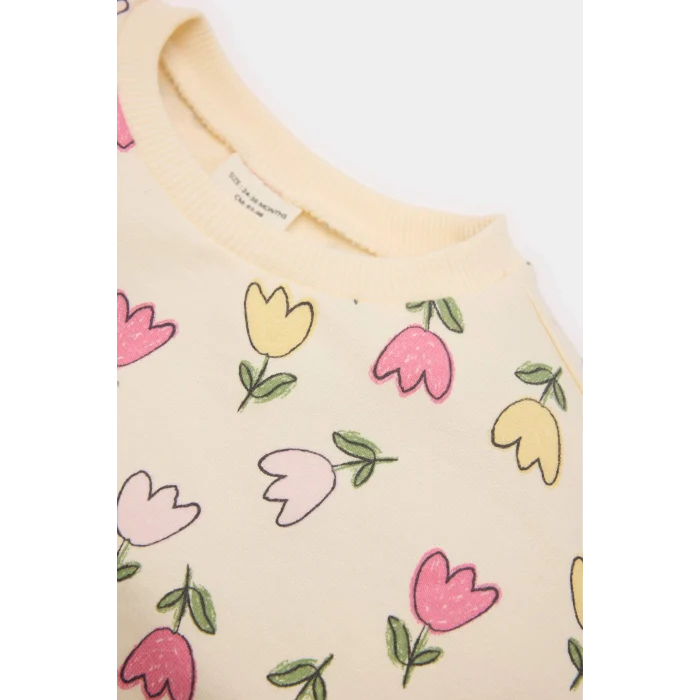 Defacto D8341 Ekru Kız Bebek 2li Takım Çiçekli Bisiklet Yaka Sweatshşrt Esnek Belli Tayt