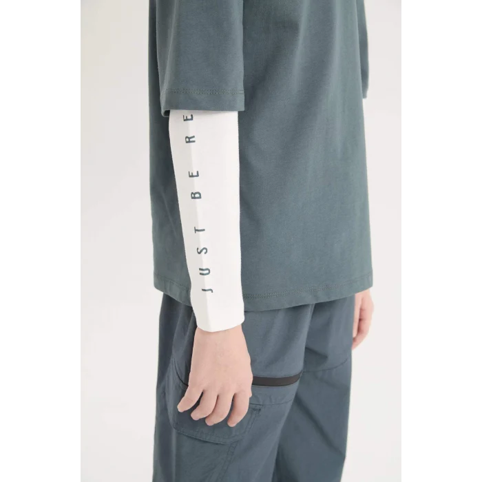 Defacto D8488 Antrasit Erkek Çocuk Oversize Geniş Kalıp Bisiklet Yaka Baskılı Uzun Kollu Tişört