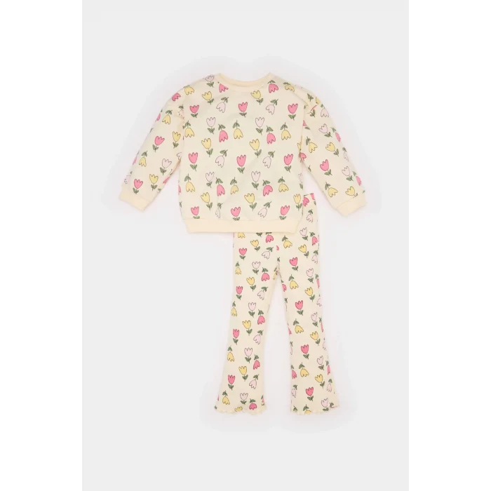 Defacto D8341 Ekru Kız Bebek 2li Takım Çiçekli Bisiklet Yaka Sweatshşrt Esnek Belli Tayt