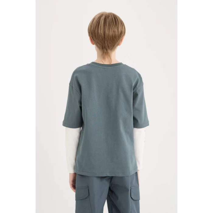 Defacto D8488 Antrasit Erkek Çocuk Oversize Geniş Kalıp Bisiklet Yaka Baskılı Uzun Kollu Tişört