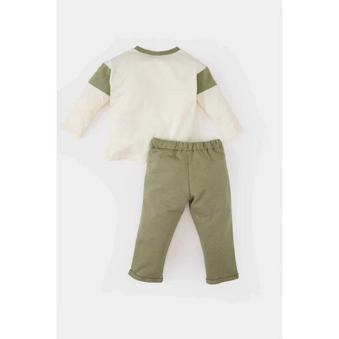 Defacto B9266 Ekru Erkek Bebek 2li Takım Renk Bloklu Sweatshirt Eşofman Altı