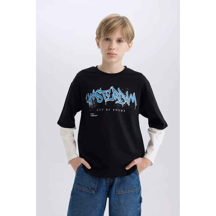 Defacto D7701 Siyah Erkek Çocuk Oversize Geniş Kalıp Bisiklet Yaka Baskılı Uzun Kollu Tişört