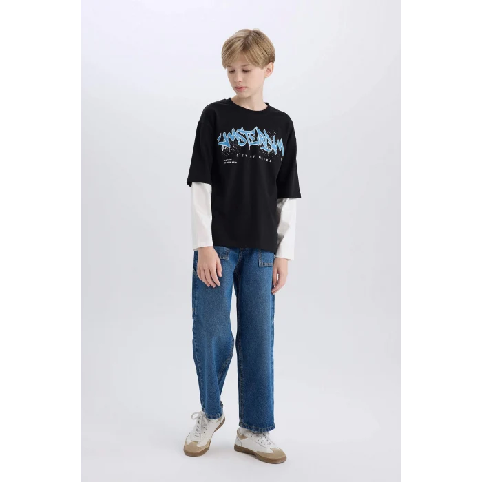 Defacto D7701 Siyah Erkek Çocuk Oversize Geniş Kalıp Bisiklet Yaka Baskılı Uzun Kollu Tişört