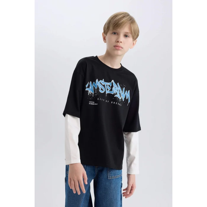 Defacto D7701 Siyah Erkek Çocuk Oversize Geniş Kalıp Bisiklet Yaka Baskılı Uzun Kollu Tişört