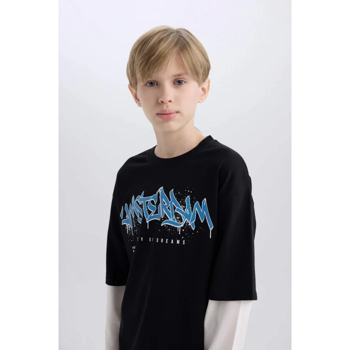 Defacto D7701 Siyah Erkek Çocuk Oversize Geniş Kalıp Bisiklet Yaka Baskılı Uzun Kollu Tişört