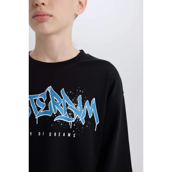 Defacto D7701 Siyah Erkek Çocuk Oversize Geniş Kalıp Bisiklet Yaka Baskılı Uzun Kollu Tişört