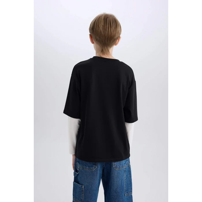 Defacto D7701 Siyah Erkek Çocuk Oversize Geniş Kalıp Bisiklet Yaka Baskılı Uzun Kollu Tişört