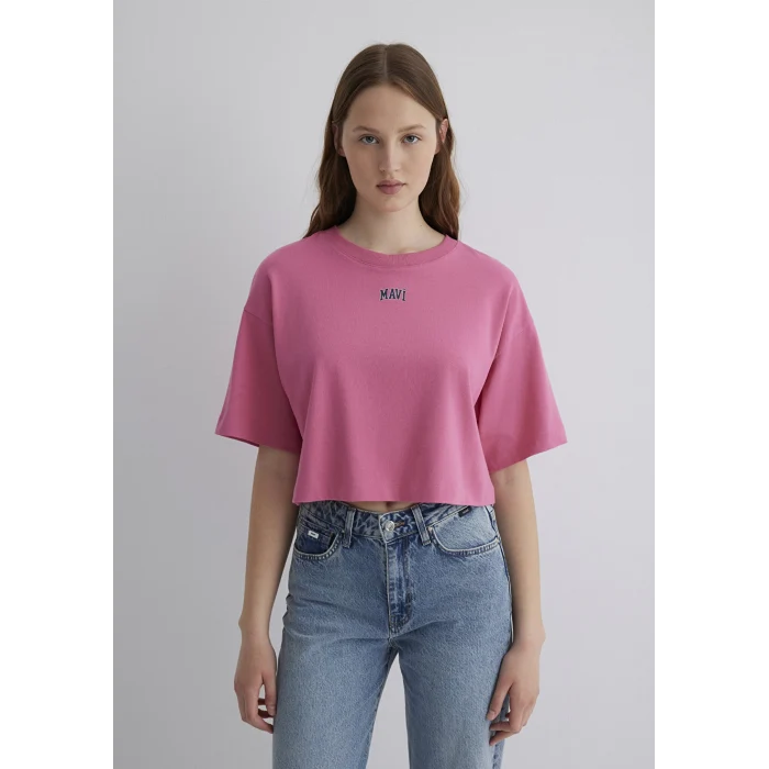 Mavi 1611585-84670 Mavi Logo Baskılı Pembe Crop Tişört