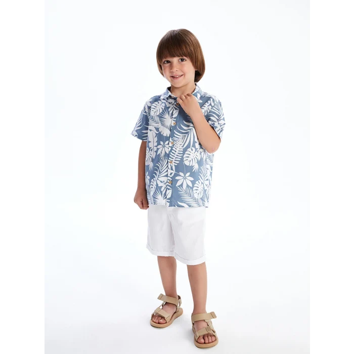 LCW Kids Indigo Baskılı Viskon Erkek Çocuk Gömlek ve Şort 2li