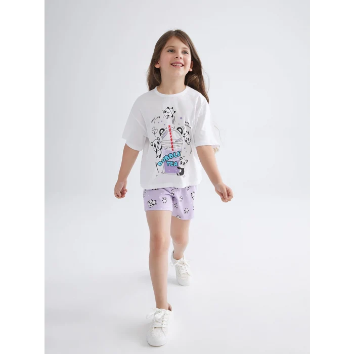 LCW Kids Beyaz Bisiklet Yaka Baskılı Kız Çocuk Şortlu Pijama Takımı