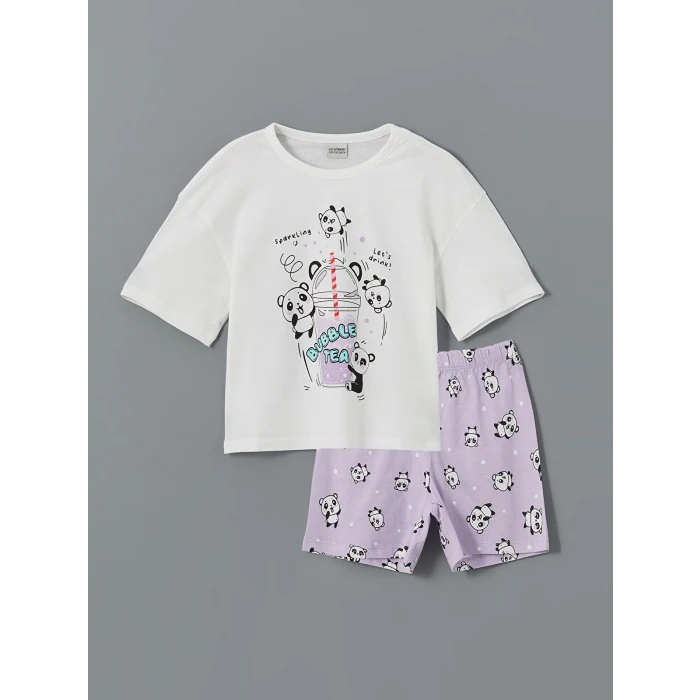 LCW Kids Beyaz Bisiklet Yaka Baskılı Kız Çocuk Şortlu Pijama Takımı