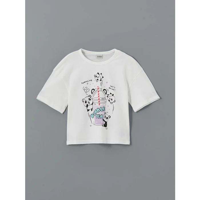 LCW Kids Beyaz Bisiklet Yaka Baskılı Kız Çocuk Şortlu Pijama Takımı