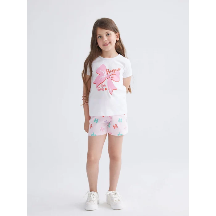 LCW Kids Beyaz Fiyonk Baskılı Kız Çocuk Şortlu Pijama Takım