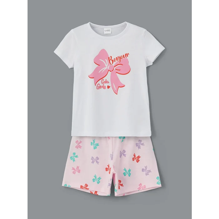 LCW Kids Beyaz Fiyonk Baskılı Kız Çocuk Şortlu Pijama Takım
