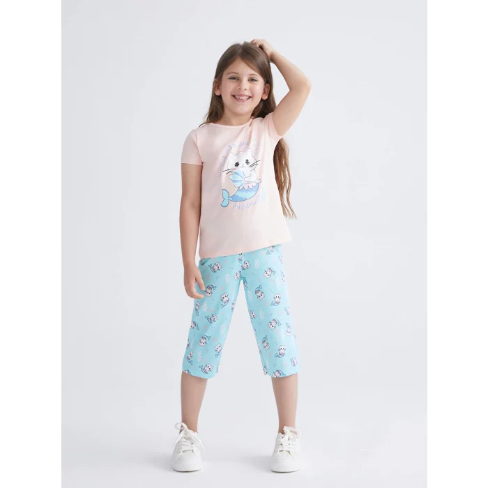 LCW Kids Pembe Baskılı Kız Çocuk Şortlu Pijama Takımı