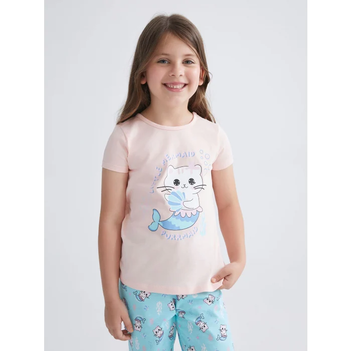 LCW Kids Pembe Baskılı Kız Çocuk Şortlu Pijama Takımı