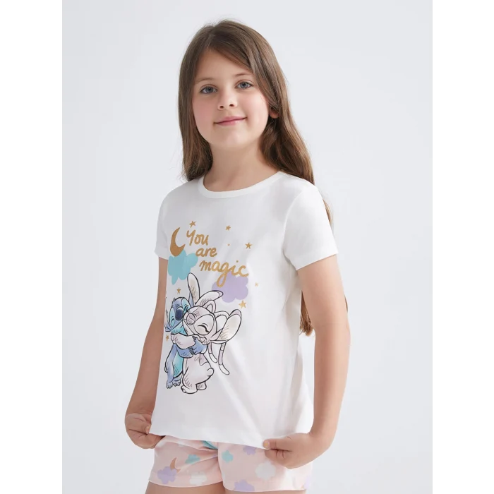 LCW Kids Ekru Lilo & Stitch Baskılı Kız Çocuk Şortlu Pijama Takımı