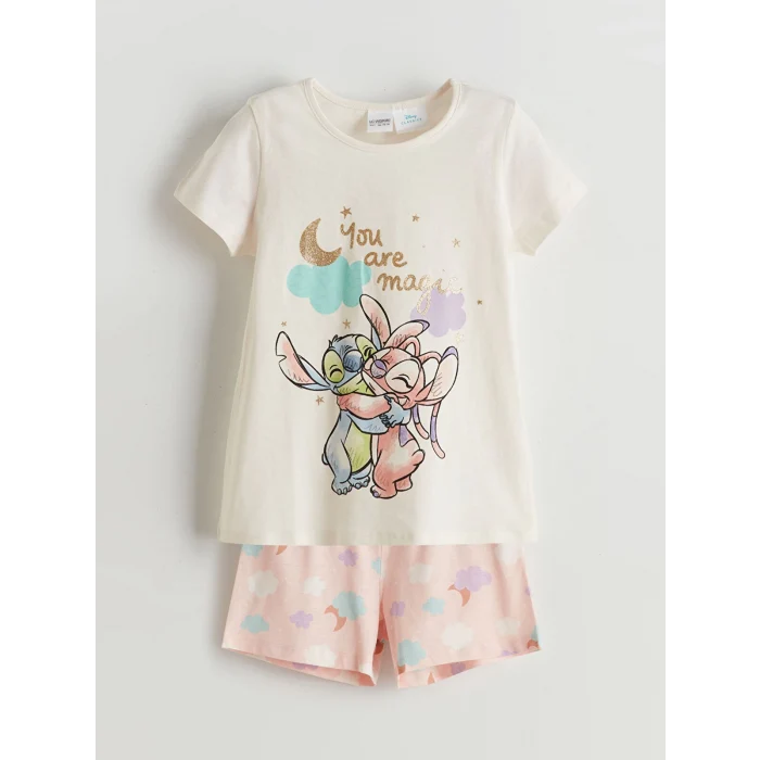 LCW Kids Ekru Lilo & Stitch Baskılı Kız Çocuk Şortlu Pijama Takımı