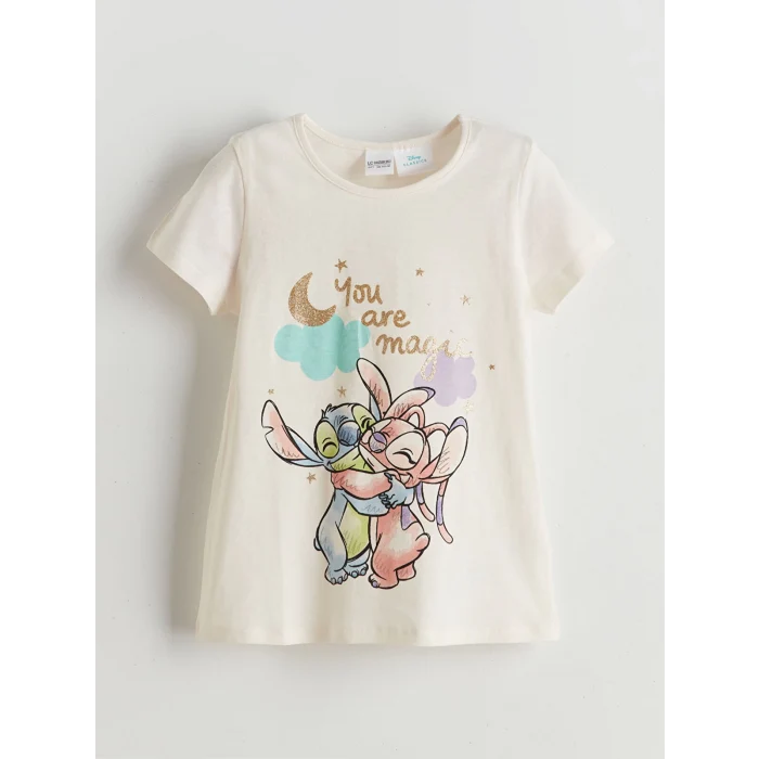 LCW Kids Ekru Lilo & Stitch Baskılı Kız Çocuk Şortlu Pijama Takımı