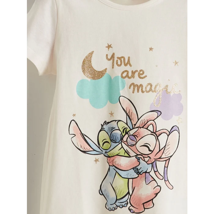 LCW Kids Ekru Lilo & Stitch Baskılı Kız Çocuk Şortlu Pijama Takımı