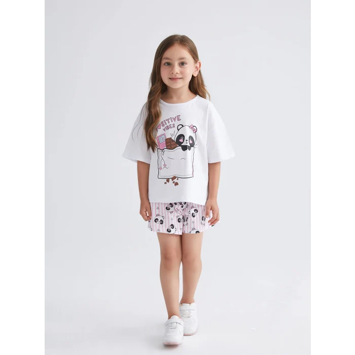 LCW Kids Beyaz Baskılı Kız Çocuk Şortlu Pijama Takım