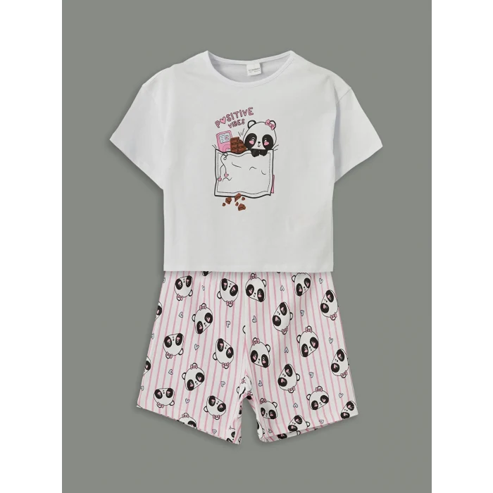 LCW Kids Beyaz Baskılı Kız Çocuk Şortlu Pijama Takım