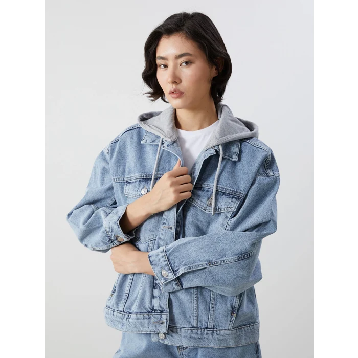 LCW Vision Indigo Kapüşonlu Oversize Kadın Jean Ceket