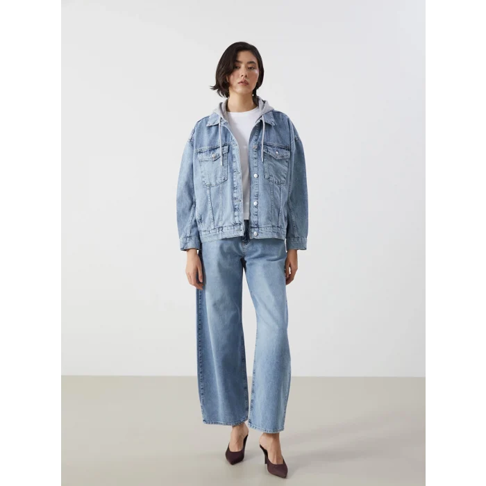 LCW Vision Indigo Kapüşonlu Oversize Kadın Jean Ceket