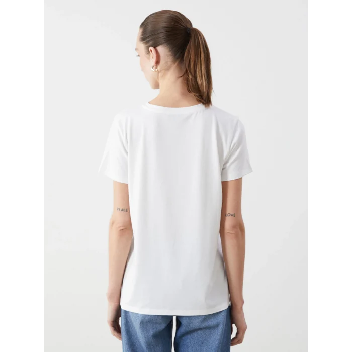 LCWAIKIKI Classic Ekru Bisiklet Yaka Baskılı Penye Kadın Tişört