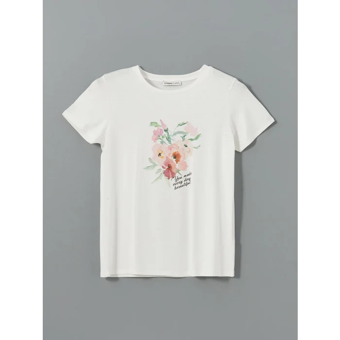 LCWAIKIKI Classic Ekru Bisiklet Yaka Baskılı Penye Kadın Tişört