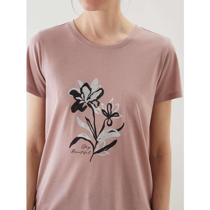 LCWAIKIKI Classic Pembe Bisiklet Yaka Çiçekli Kadın Tişört