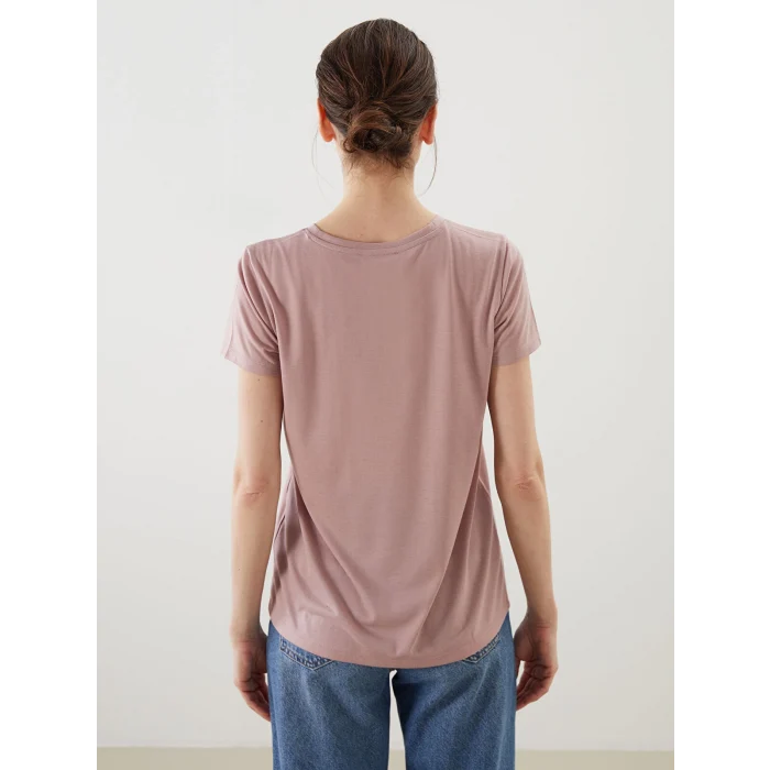 LCWAIKIKI Classic Pembe Bisiklet Yaka Çiçekli Kadın Tişört