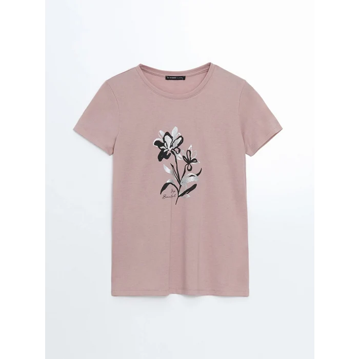 LCWAIKIKI Classic Pembe Bisiklet Yaka Çiçekli Kadın Tişört