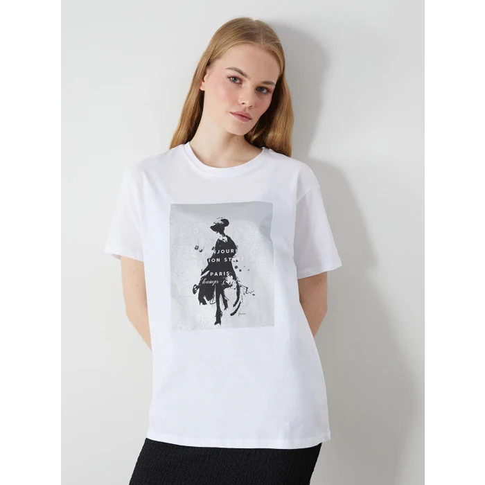 LCW Vision Beyaz Bisiklet Yaka Paris Baskılı Kadın Tişört
