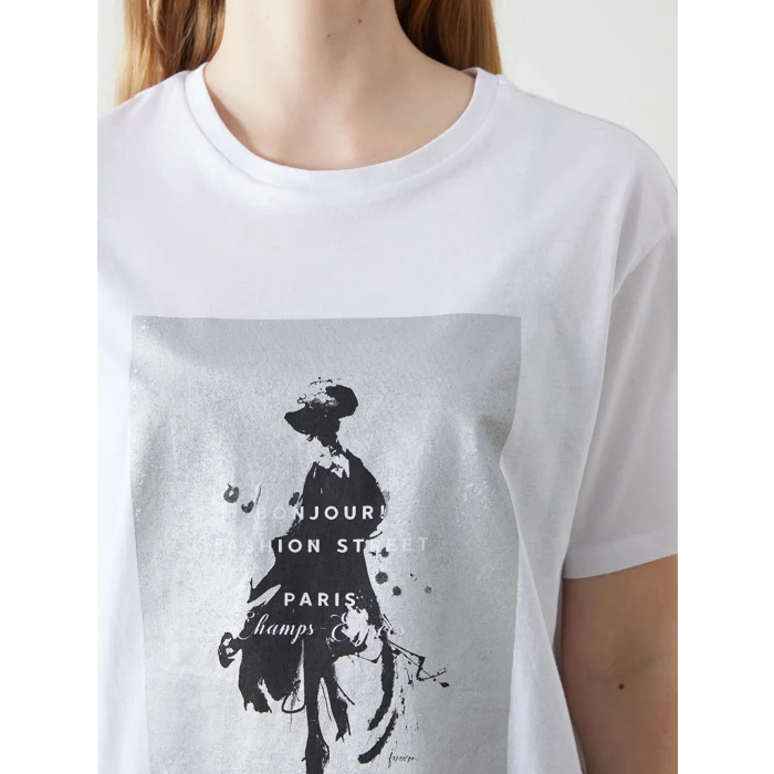 LCW Vision Beyaz Bisiklet Yaka Paris Baskılı Kadın Tişört